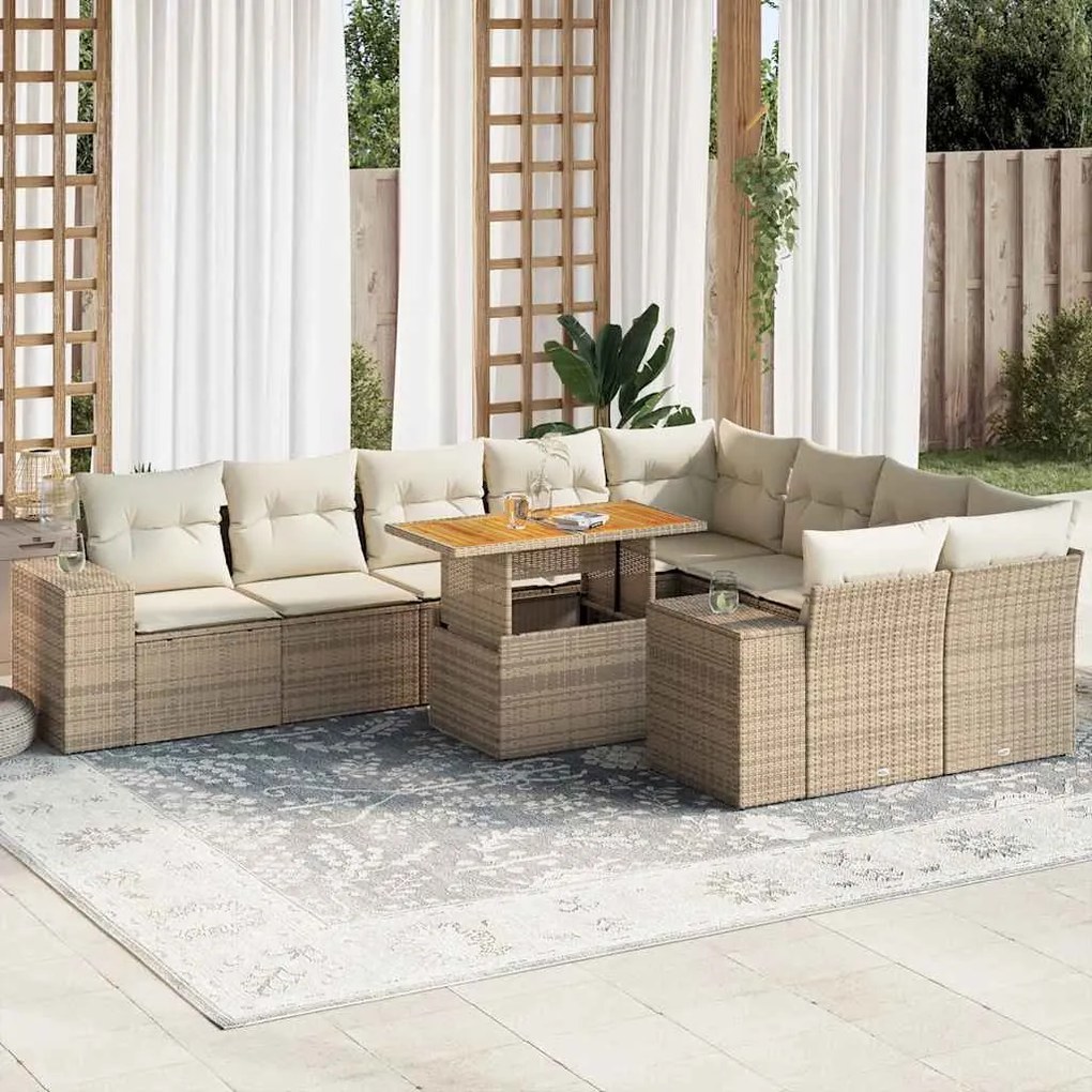 10 részes bézs polyrattan akácfa kerti ülőgarnitúra párnával