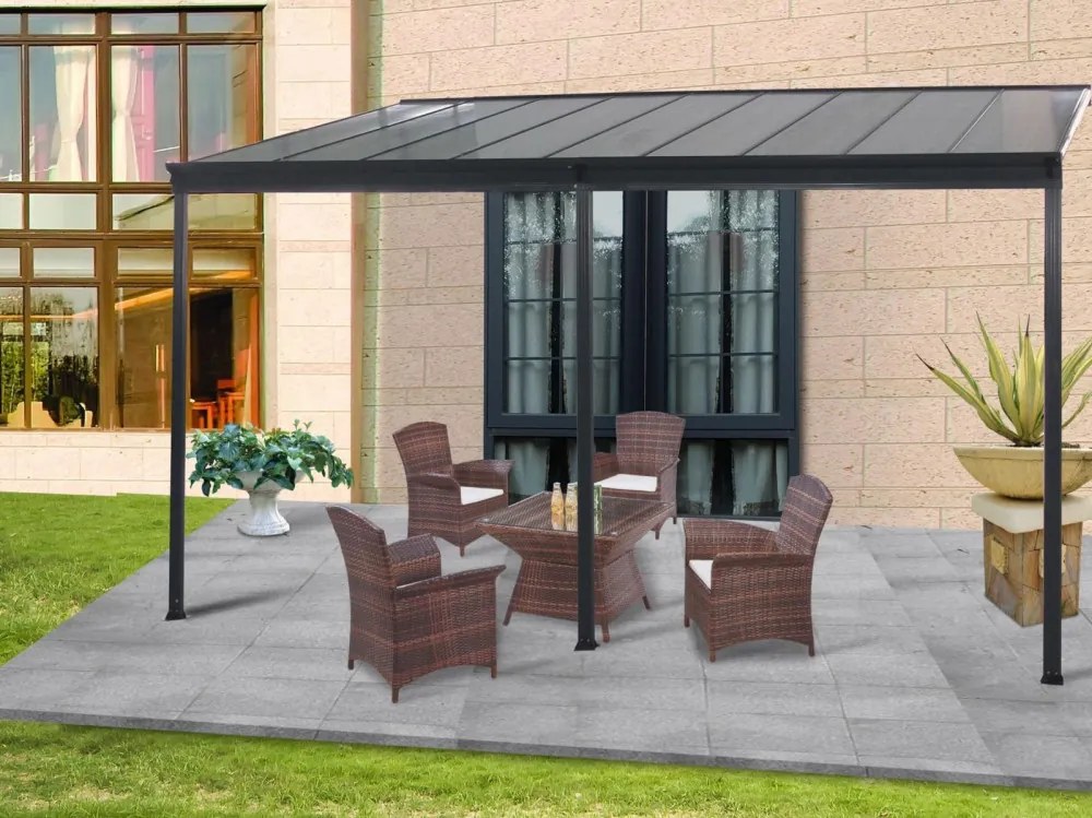 LanitPlast WALL 53 Alumínium pergola a falhoz, méretek 4,96 x 3 m, antracit színű, tető - polikarbonát opal 6 mm