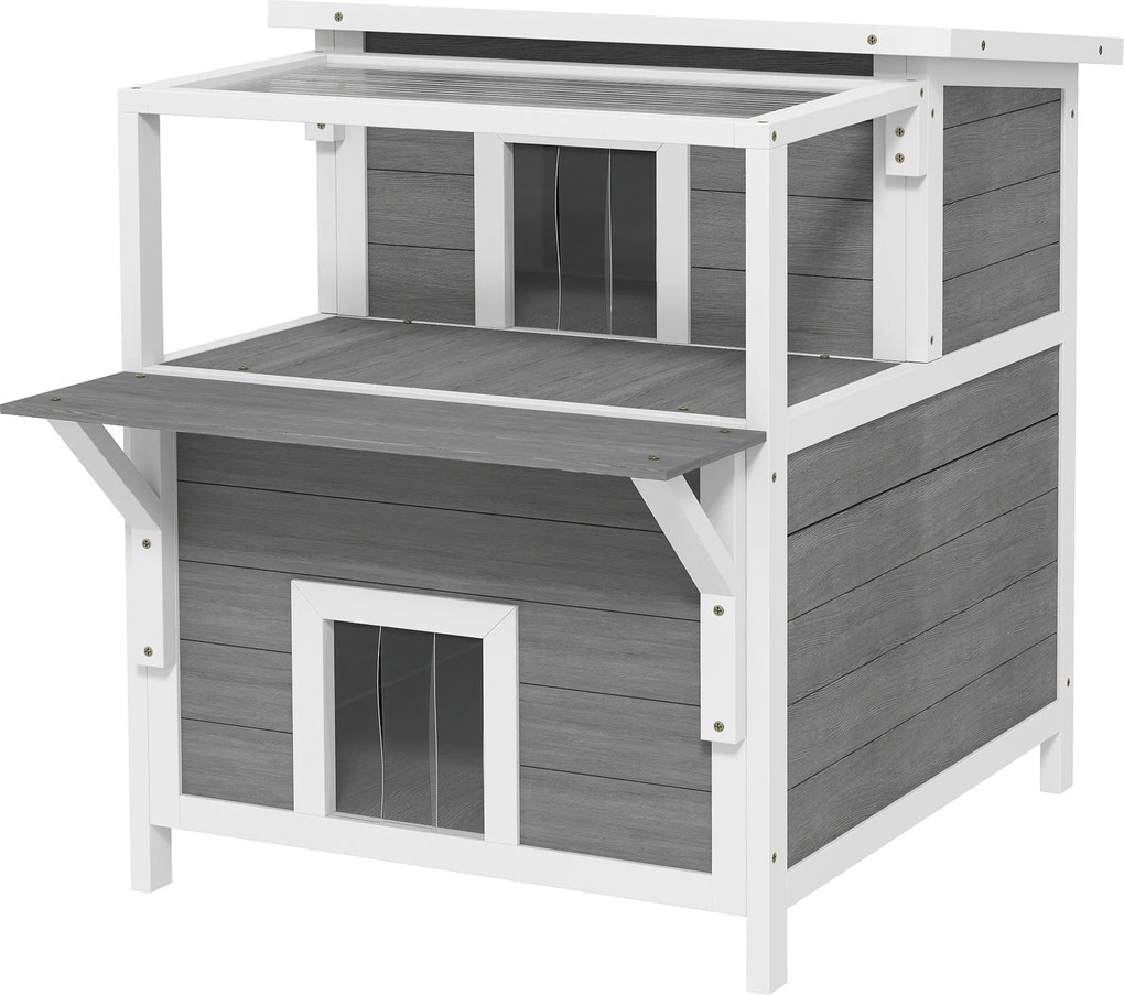 PawHut Macska Barlang, Fenyőfából készült Macska Ház, Macska Ház Erkélykel, Bejáratokkal, 5 kg-ig terjedő macskáknak, Kültéri, 64 x 87 x 76 cm, Világo