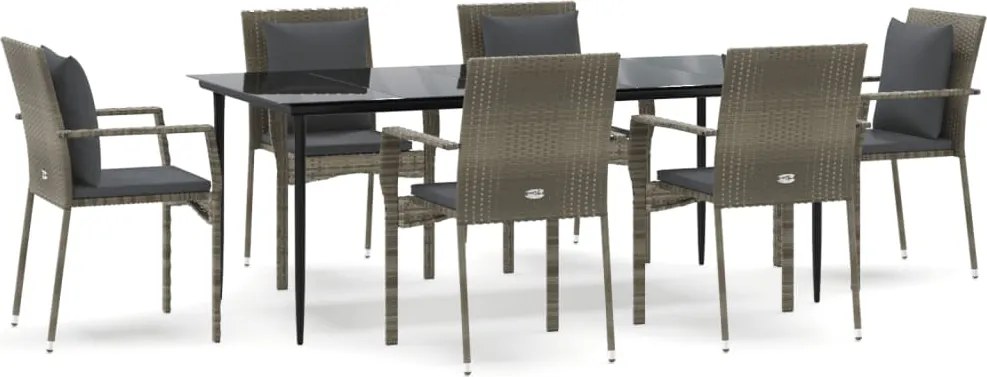 vidaXL 7 részes fekete és szürke polyrattan kerti étkezőszett párnával