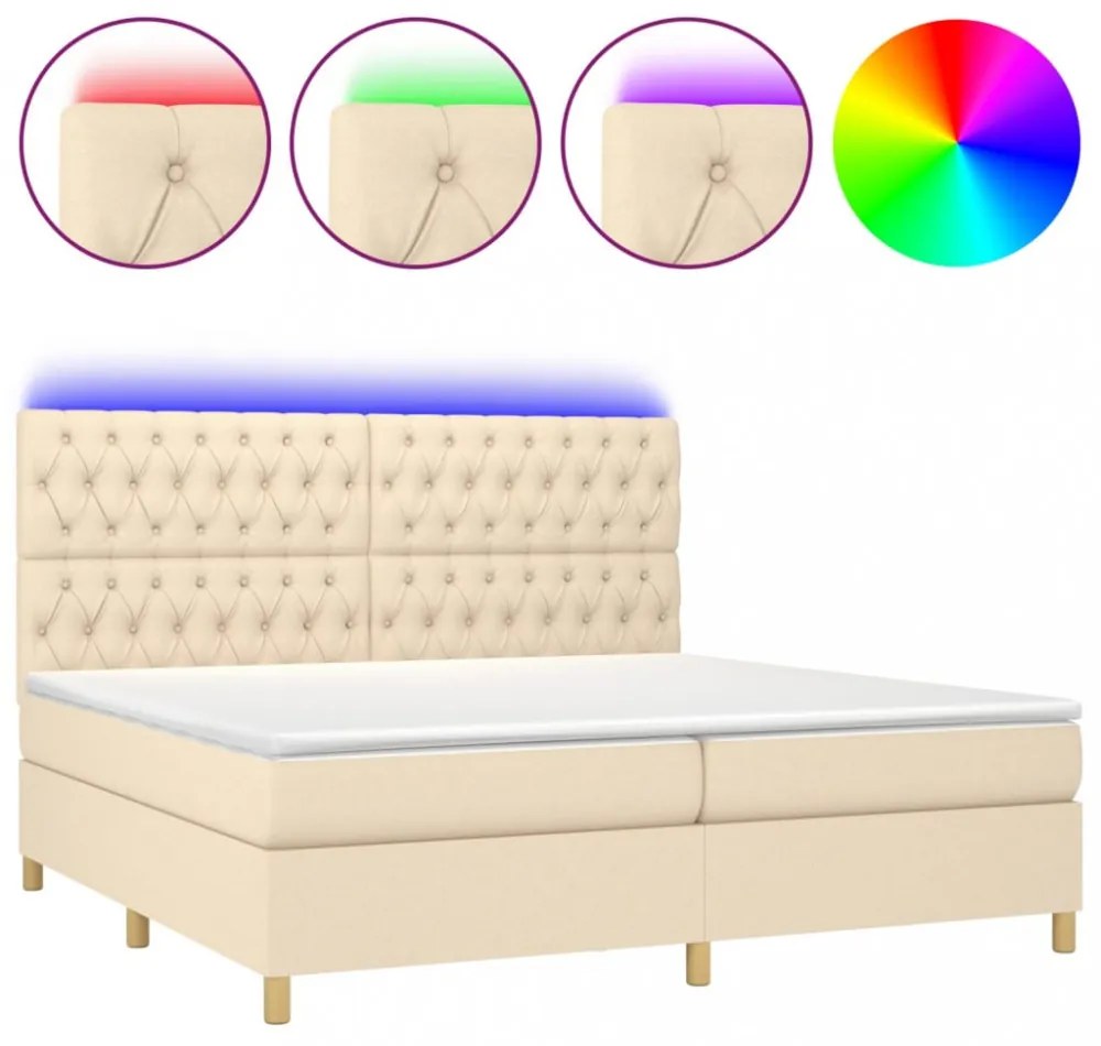 krémszínű szövet rugós és LED-es ágy matraccal 200 x 200 cm