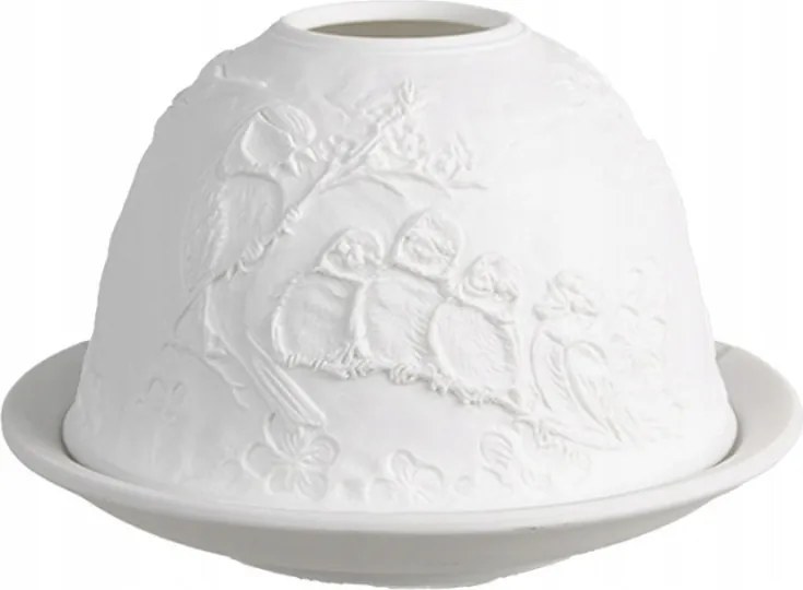 Fehér porcelán gyertyatartó madárcsaláddal és virágokkal 12x8 cm