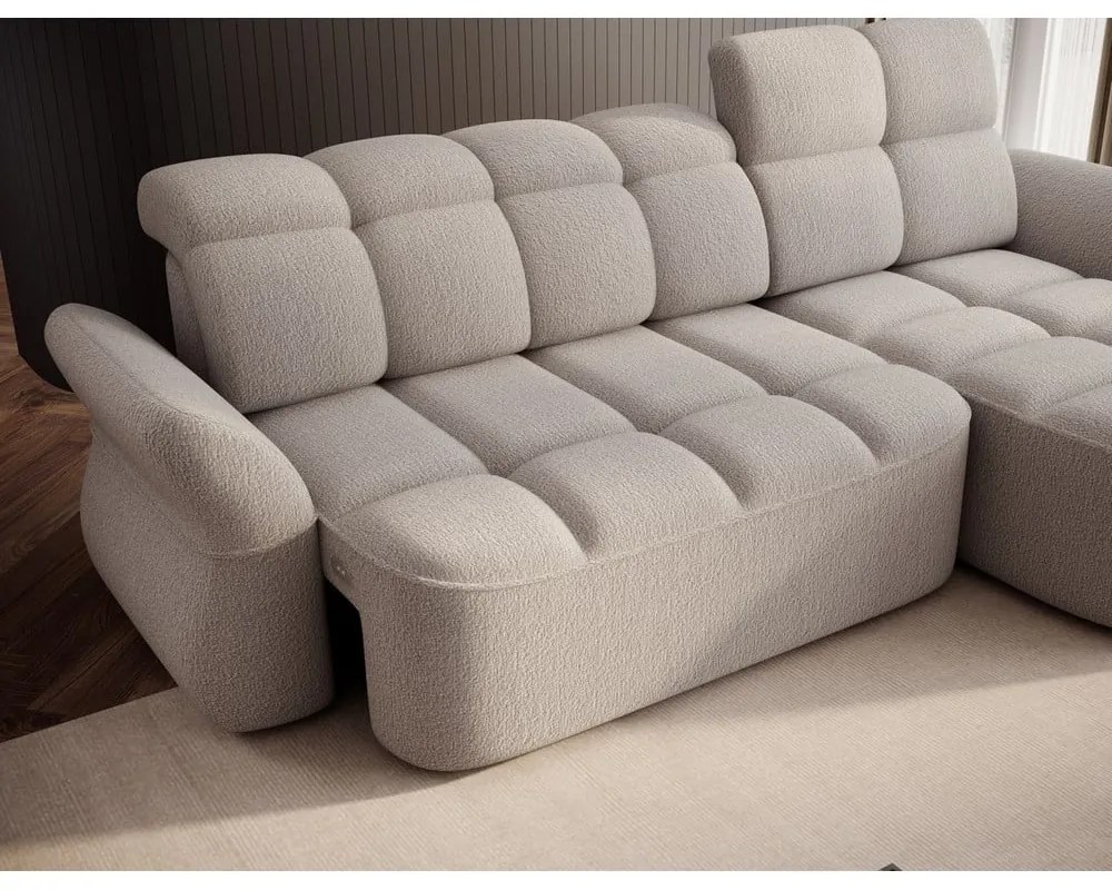 Bézs buklé kinyitható-tárolóhelyes sarokkanapé (jobb oldali-heverő résszel) Beneth – ELTAP