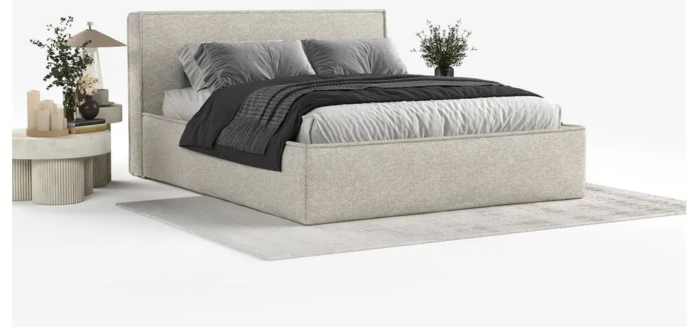 Világosszürke kárpitozott ágyneműtartós franciaágy ágyráccsal 160x200 cm Lounge L – Maison de Rêve