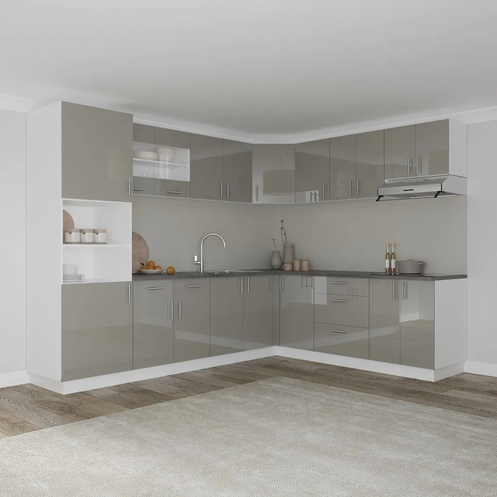 Karo V36 sarok konyhabútor 28 mm-es Thermo munkalappal, Fényes szürke / Fehér, MDF, 280 x 220 cm