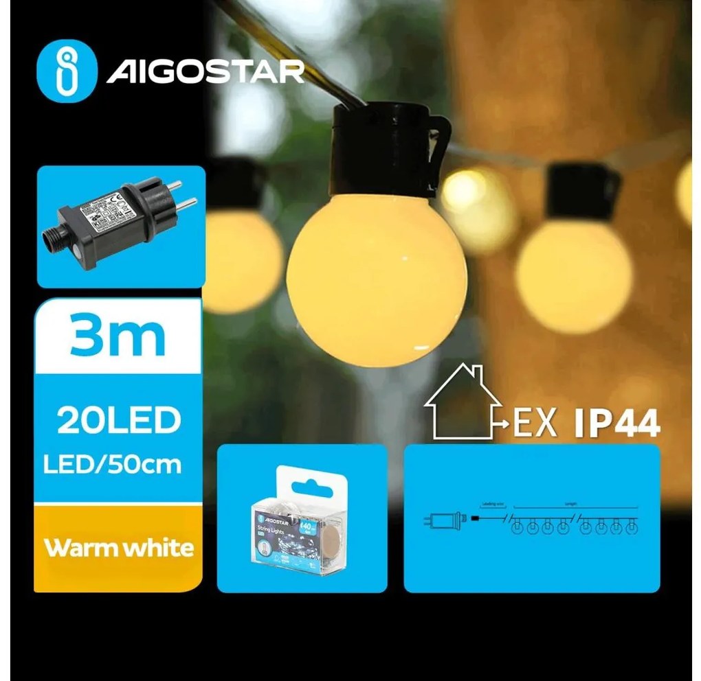 Aigostar - LED kültéri dekorációs fényfüzér 20xLED/3m IP44 meleg fehér