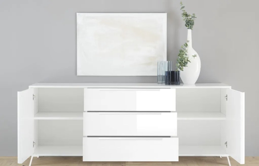 CITY Kétajtós, háromfiókos komód, fehér, magasfényű lakkozott vázzal és előlapokkal