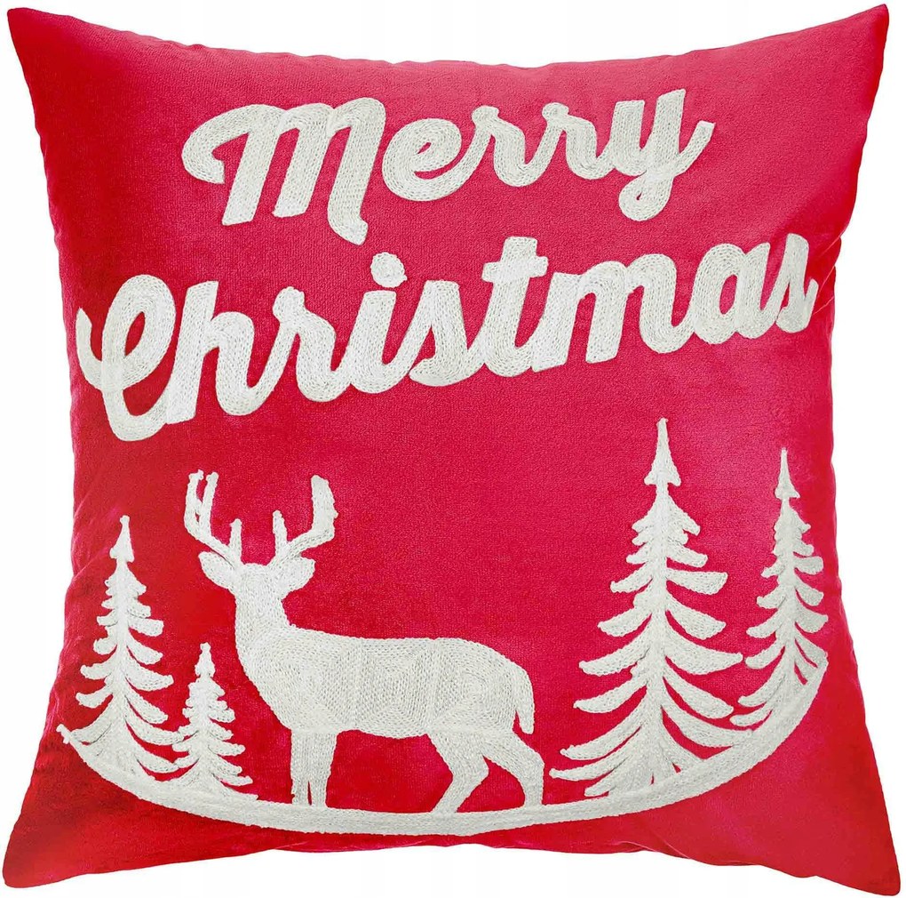 Karácsonyi párnahuzat 45x45 cm-es, piros rénszarvas mintával, Merry Christmas felirattal