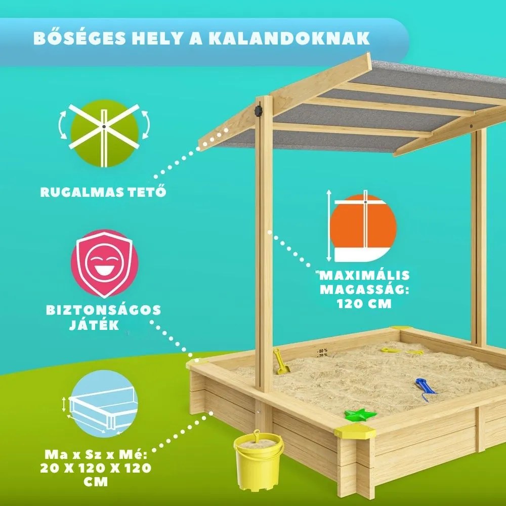 SANDY homokozó tetővel, lucfenyő, 120x120x120 cm Jurhan