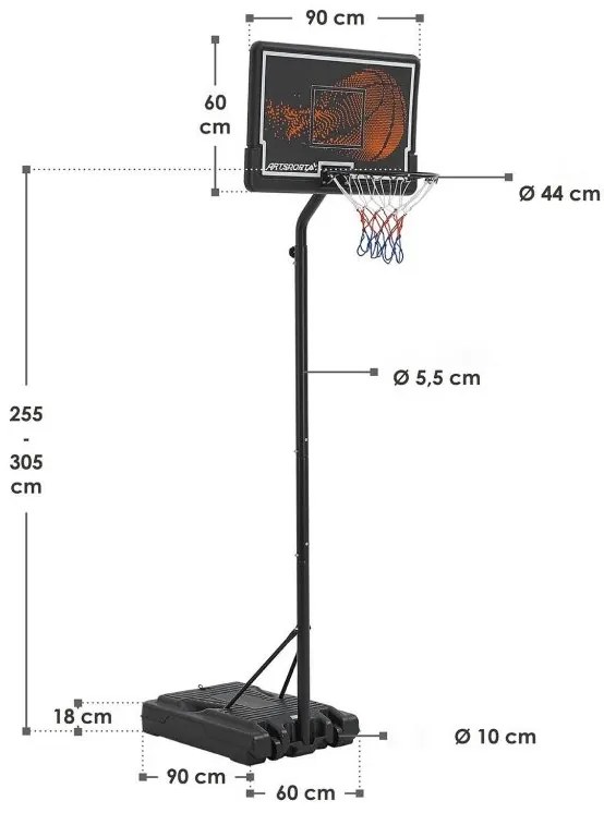Juskys Kosárlabdapalánk kerekekkel - 255-305 cm