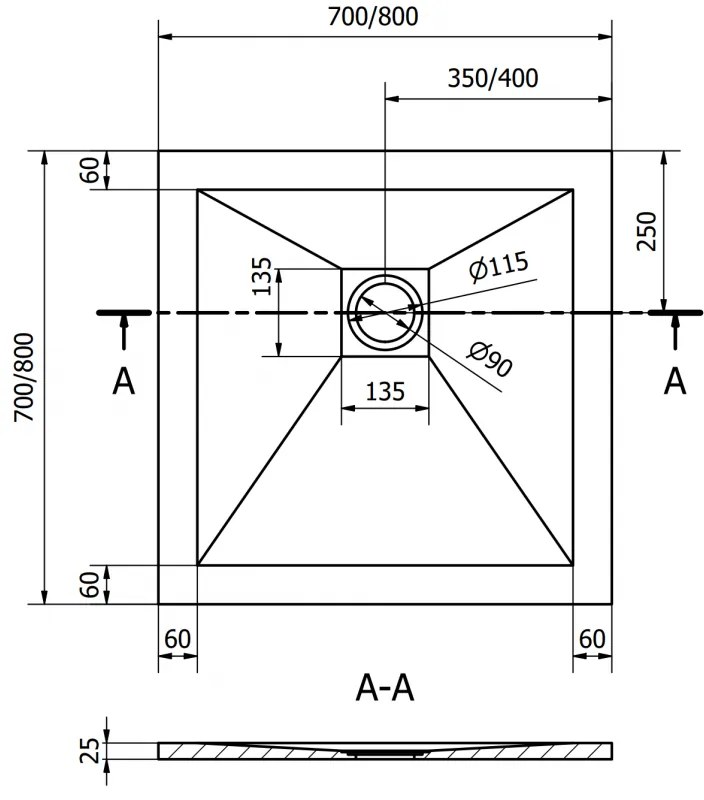 Mexen, Mexen Stone+ kompozytowy kwadratowy 80 x 80 cm, czarny, maskownica czarna - 44708080-B