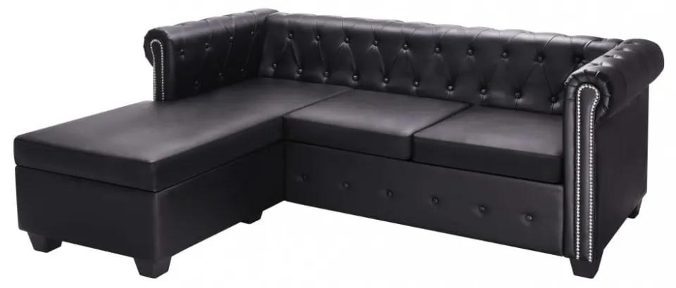 L-alakú fekete műbőr chesterfield kanapé