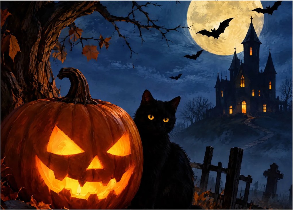 Üveg kép - Fekete macska egy világító halloweeni tök mellett (70x50 cm)