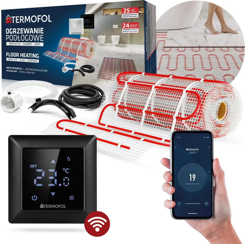 Fűtőszőnyeg Csempe Szett 12m2 Termosztát TFH6 Wifi Fekete