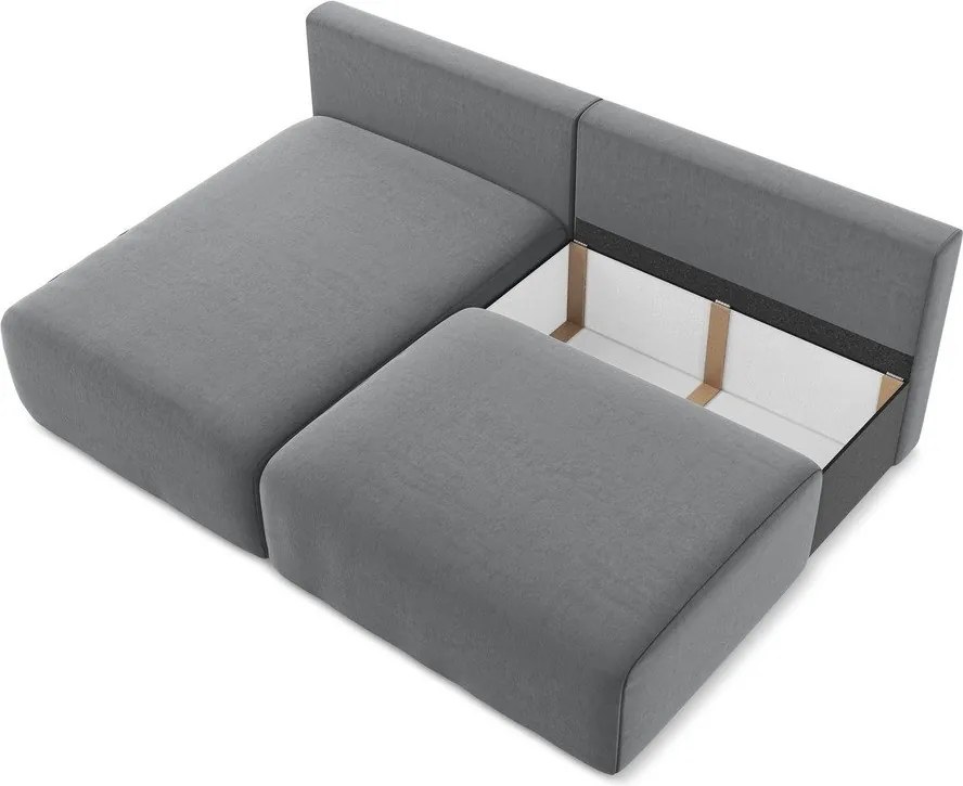 Szürke bársony kinyitható-tárolóhelyes sarokkanapé (bal oldali-heverő résszel) Kalena – Makamii