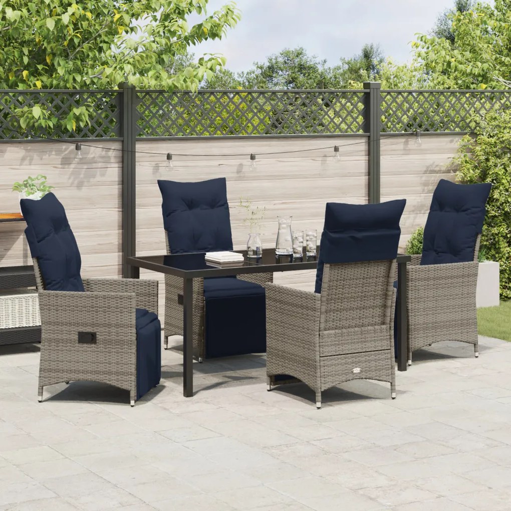 5 részes kerti étkezőszett párnákkal szürke poli rattan, Kerti Asztal Fekete 160x80x73 cm Edzett Üveg