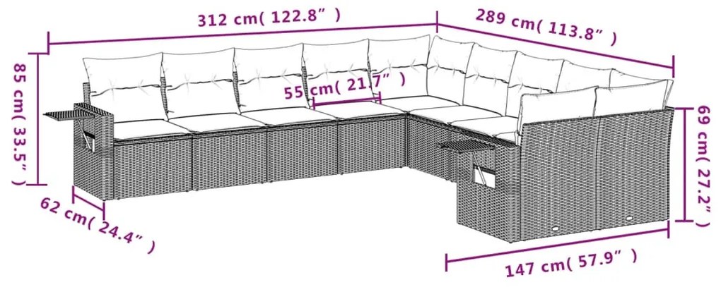 10 részes bézs polyrattan kerti ülőgarnitúra párnával