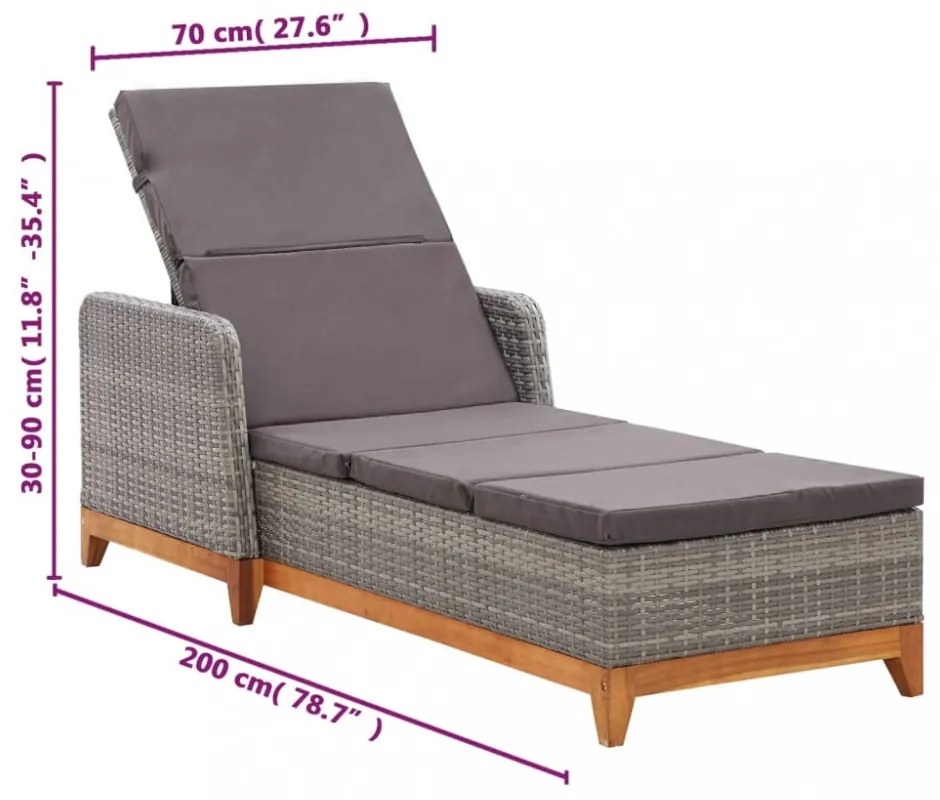 szürke polyrattan és tömör akácfa napozóágy