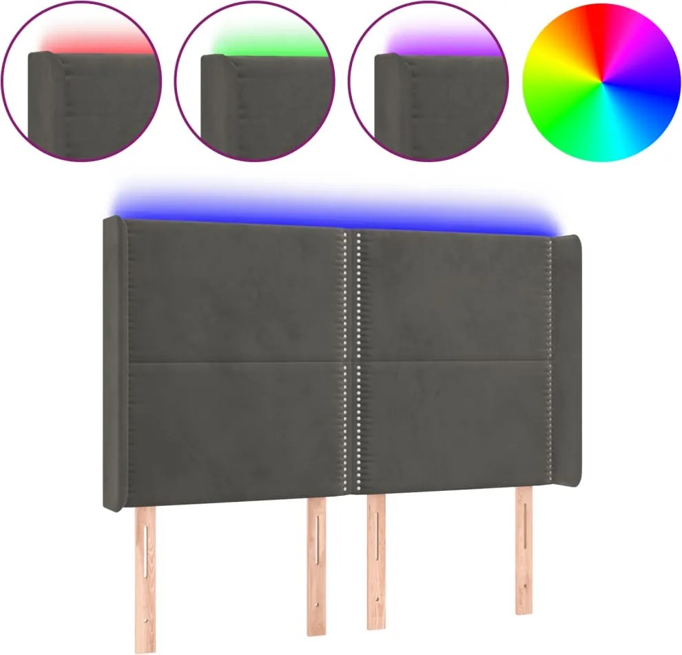 vidaXL sötétszürke bársony LED-es fejtámla 147x16x118/128 cm