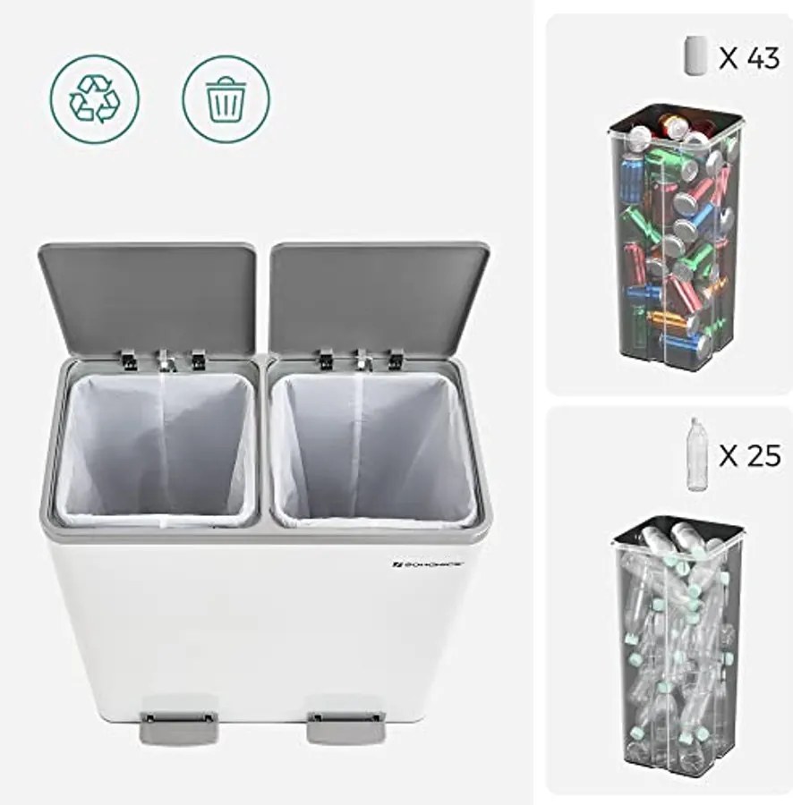 SONGMICS dupla szemetes, fém szelektív hulladékgyűjtő 15 szemeteszsákkal, 2 × 30 L, fehér–szürke
