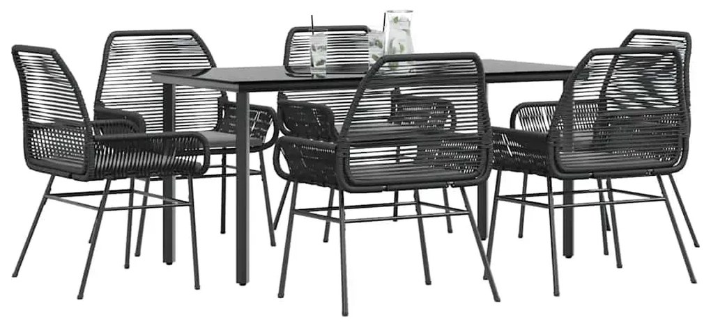 vidaXL 7 részes fekete polyrattan üveg kerti étkezőgarnitúra párnákkal