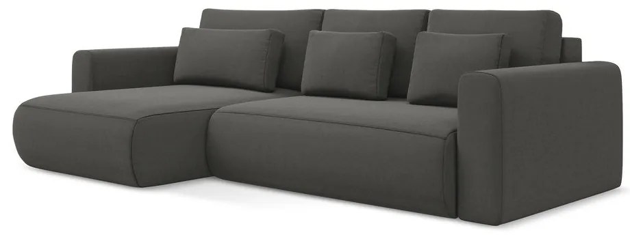 Sötétszürke bársony kinyitható-tárolóhelyes sarokkanapé (bal oldali-heverő résszel) Kapua – Makamii