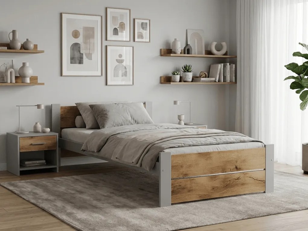 Ágy IKAROS DOUBLE 90 x 200 cm, artisan tölgy/szürke Ágyrács: Léces ágyrács, Matrac: Deluxe 10 cm matrac