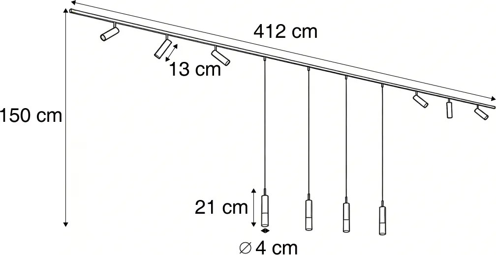 Modern fekete sínrendszer 6 spotlámpával és 4 függőlámpával, 1 fázisú - Slimline Uzzy Loyce
