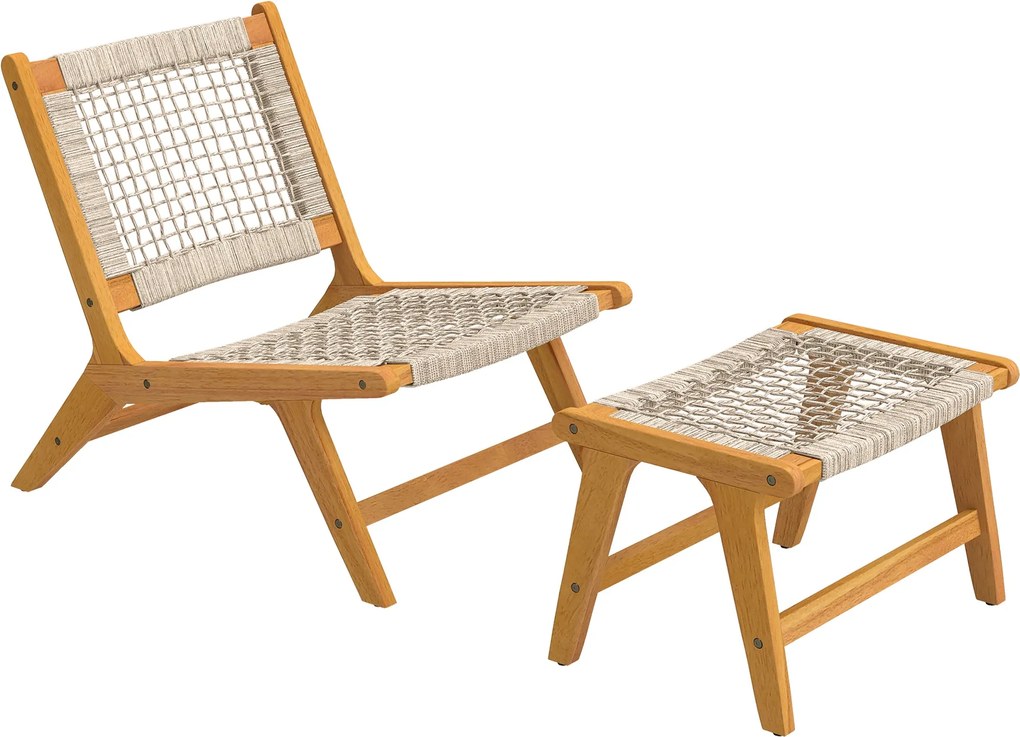 Outsunny 2 részes akácfa kültéri lounge fotel és lábtartó – FSC-tanúsított, polipropilén rattan ülés, boho stílus, bézs (160 kg) | Aosom