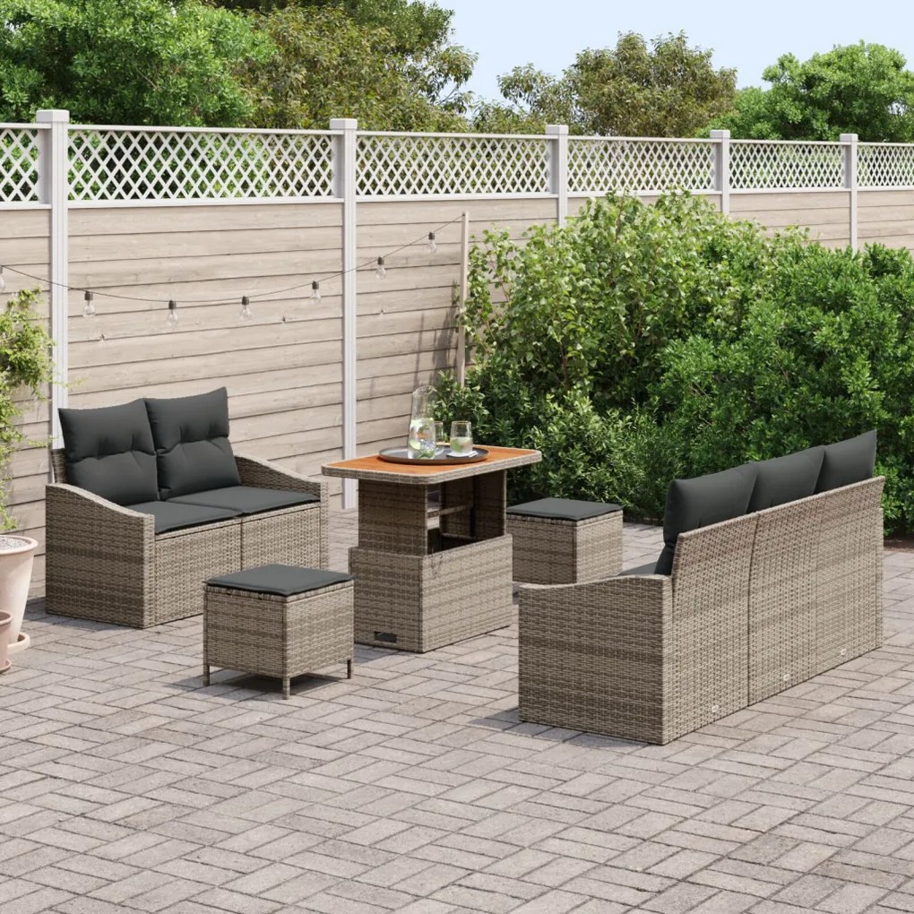 8 darabos kertiszék szett párnákkal Szürke Poli Rattan Akácia, 2 személyes kertiszék párnákkal Szürke Poli Rattan, 3 darabos kertészeti étkező szett párnákkal Szürke Poli Rattan Akácia