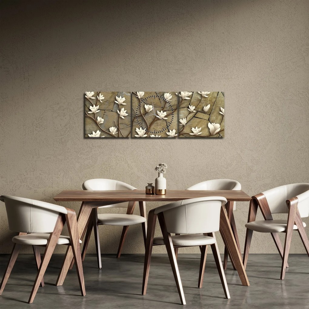 Kép - Fehér magnóliák kőfalazaton (órával) (90x30 cm)