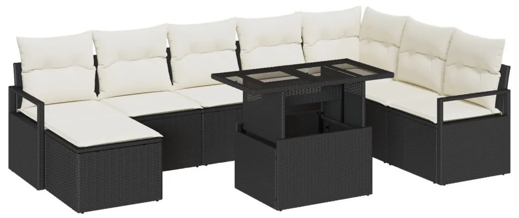9 Részes Kerti Kanapé Szett Párnákkal Fekete Poly Rattan, 2 Személyes Kerti Kanapé Tárolóval és Párnákkal Fekete Poly Rattan