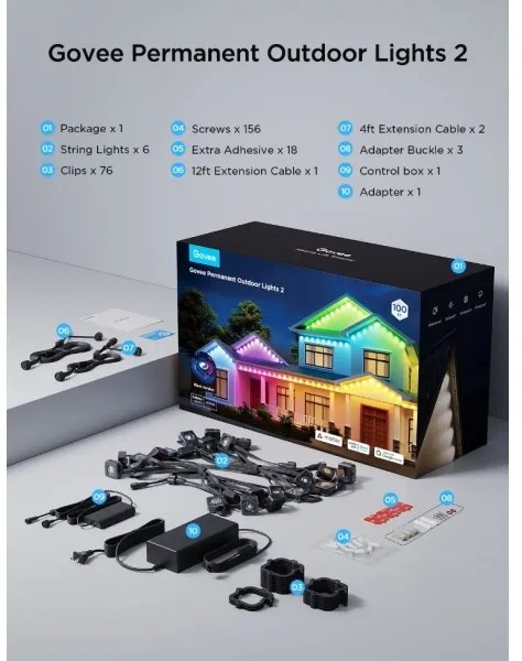 Govee - LED RGBIC füzér mennyezeti spotok 30m Wi-Fi Matter IP67