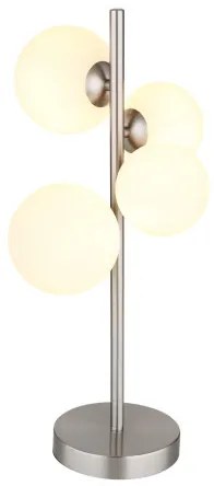 Globo 56140-4T Asztali lámpa fém nikkel matt, üveg fehér, kábel PVC fekete, billenőkapcsoló a kábelen, HxSzxM: 270x230x510mm, kábelhossz 1500mm, üveg átmérő: 2x10cm, 2x12cm, benne 4x G9 LED 3.5W 230V, 350lm forrás, 310lm kimenet, 3000K