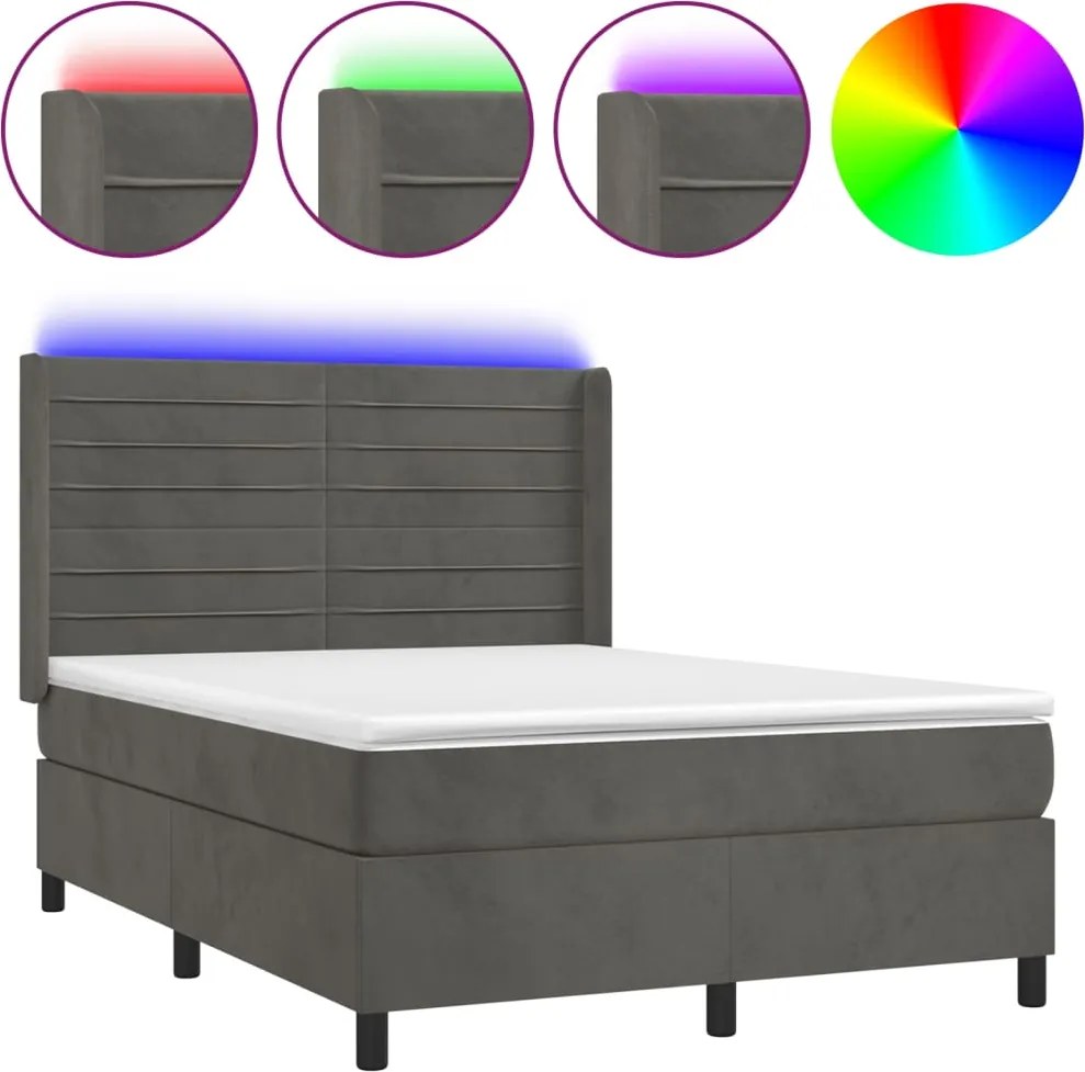 vidaXL sötétszürke bársony rugós és LED-es ágy matraccal 140x200 cm