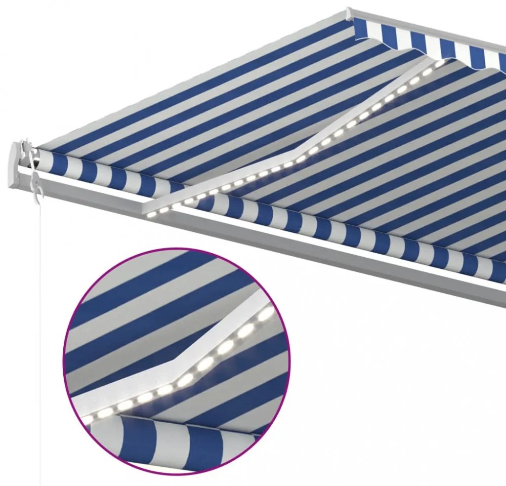 kék és fehér kézzel kihúzható LED-es napellenző 6 x 3,5 m