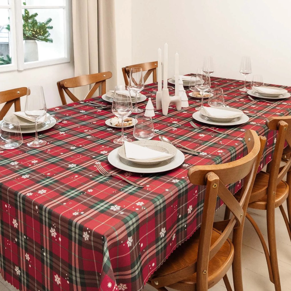 Goldea teflonbevonatú asztlaterítő - piros kockás hópelyhekkel 120 x 180 cm