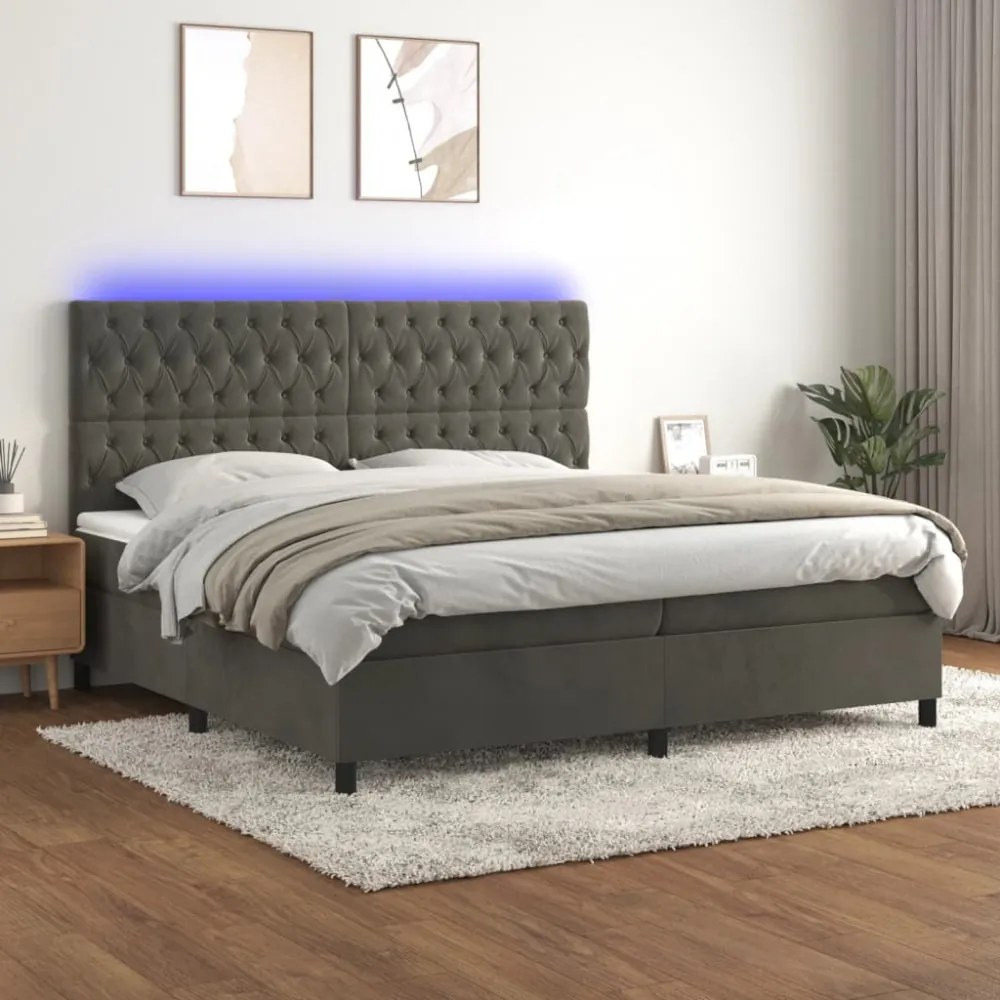 sötétszürke bársony rugós és LED-es ágy matraccal 200x200 cm
