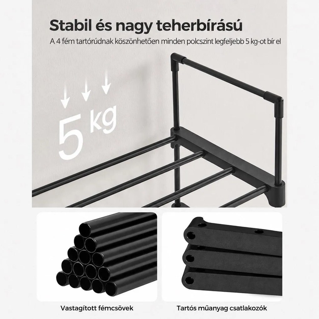 Keskeny 10 szintes cipőtartó akár 20 pár cipőhöz, 45 × 30 × 174 cm, fekete