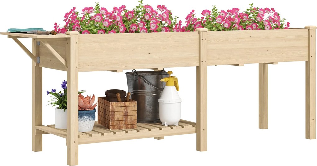 Outsunny Emelt Kerti Ágyás Lábakkal, Kerti Emelt Ágyás Tálca 2 Ültető Dozzal, Összecsukható Polc és Alsó Polc, Magasított Fa Kerti Ültető Virágokhoz,