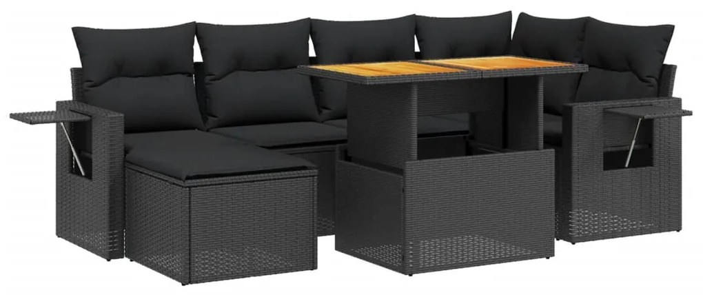 7 részes fekete polyrattan kerti ülőgarnitúra párnával