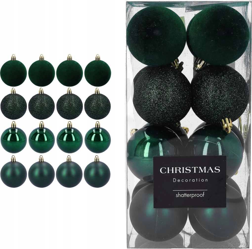 Karácsonyfa gömbök mix 4 minta zöld 6 cm szett 16 db matt fényes