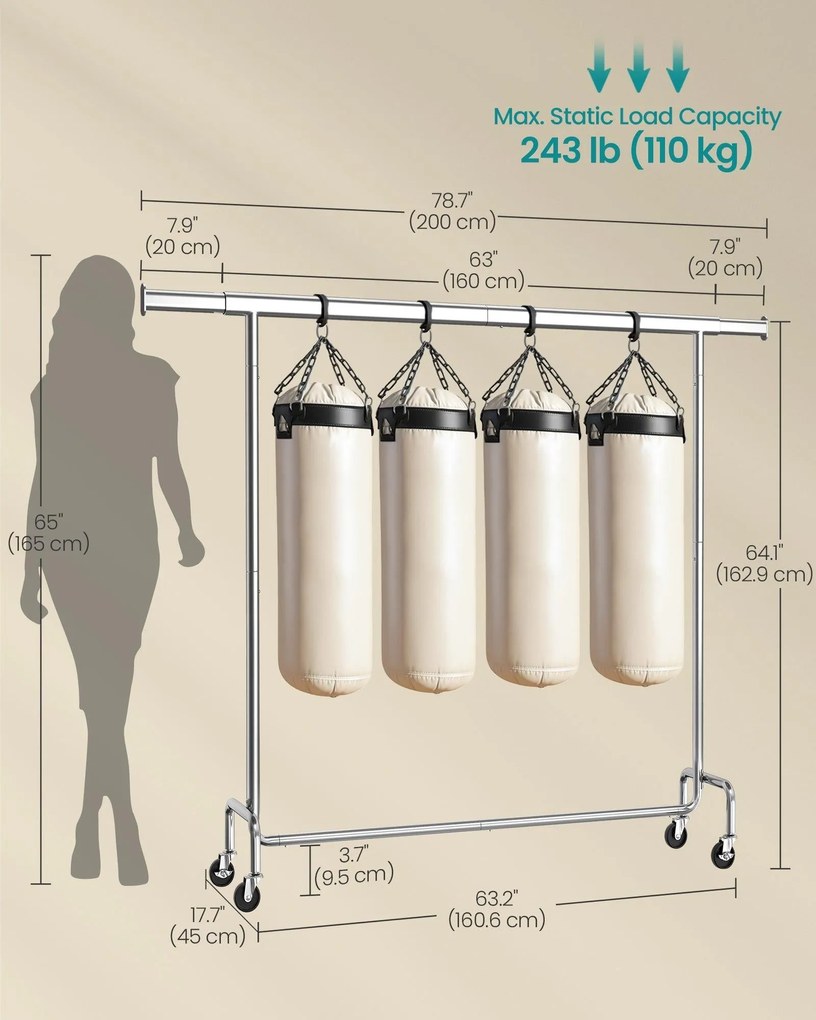 Ruhatartó állvány kerekekkel, 110 kg teherbírással, ezüst színben