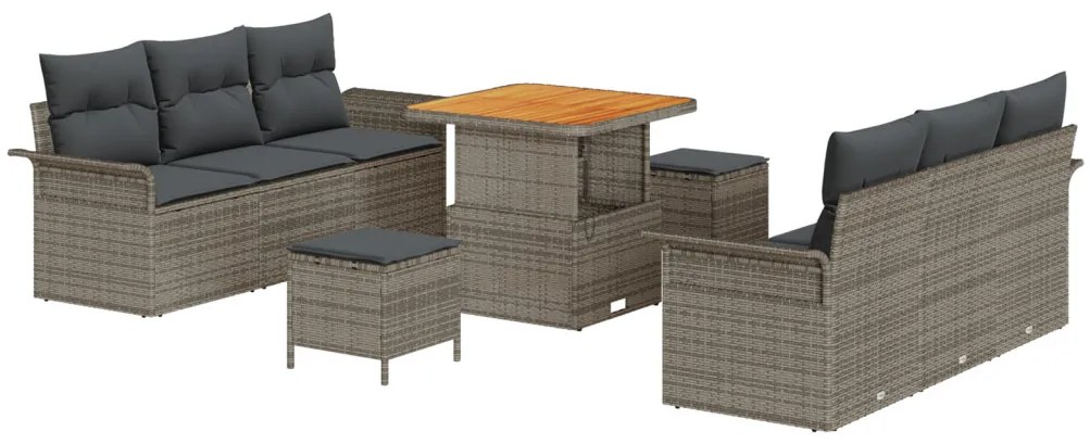 9 részes kerti kanapészett párnákkal szürke poli rattan, 2 személyes kerti kanapé párnákkal szürke poli rattan, 3 részes kerti étkezőszett párnákkal szürke poli rattan
