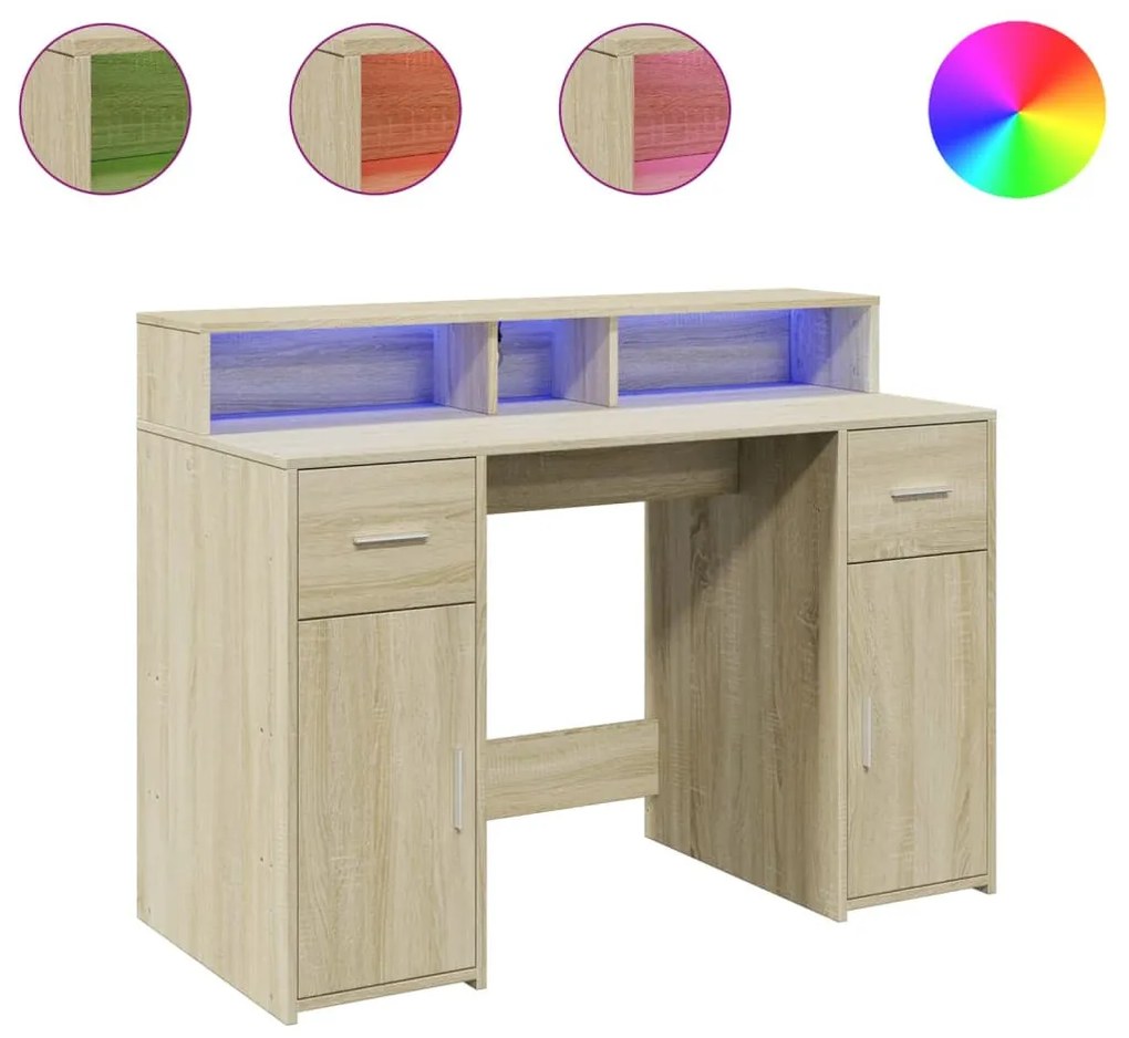 sonoma tölgy színű szerelt fa íróasztal LED-ekkel 120x55x91 cm