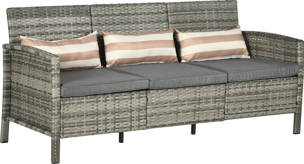 Outsunny Rattan Kanapé Párnákkal, Háromszemélyes, Kert Lounge Kanapé, Acél, Szürke, 173 x 68 x 78 cm | Aosom