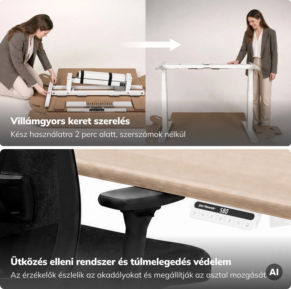 Elektromos, állítható magasságú, ergonomikus, fehér/sonoma tölgy íróasztal,1200x600 mm: ARIA