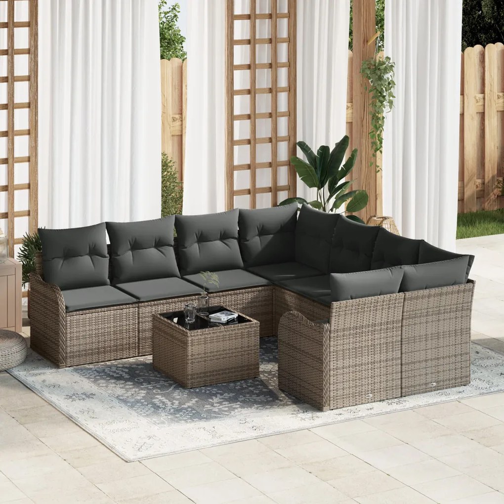9 darabos kertifotel készlet párnákkal szürke poli rattan