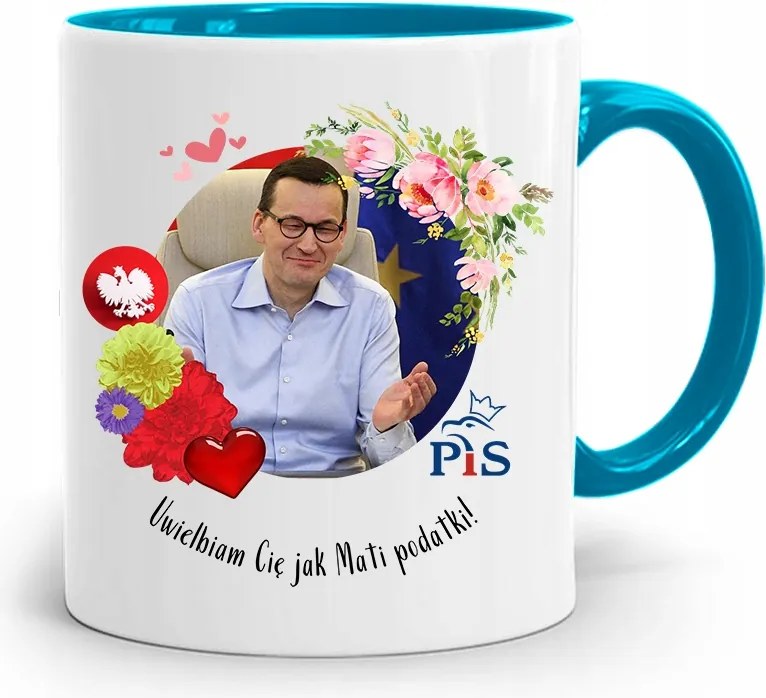 Kék Politikus Bögre Mateusz Morawiecki Miniszterelnök fényképes nyomtatással