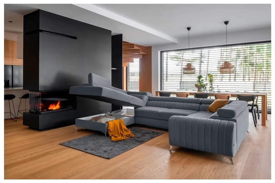 Kék kinyitható-tárolóhelyes sarokkanapé (bal oldali-U alakú) Louis – ELTAP